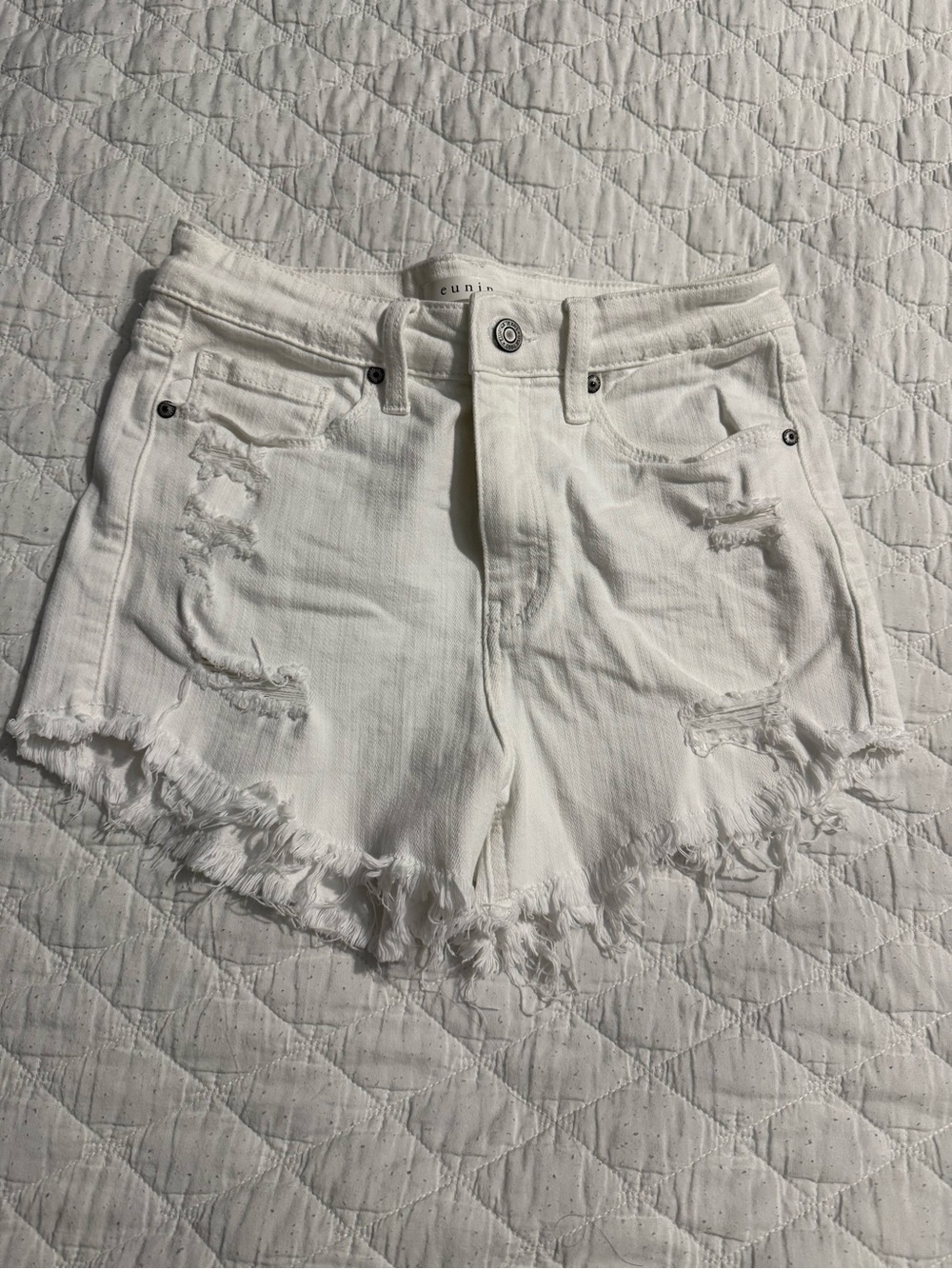eunina White Frayed High-Rise Distressed Jean Shorts